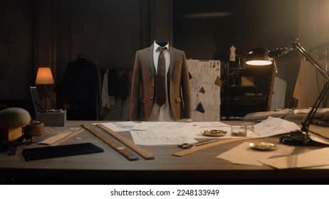 Soveran tailoring workshop with suits and tailoring equipment